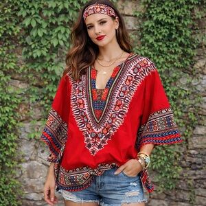 VINTAGE RADLEE Red Dashiki Style Butterfly Sleeve Top, L